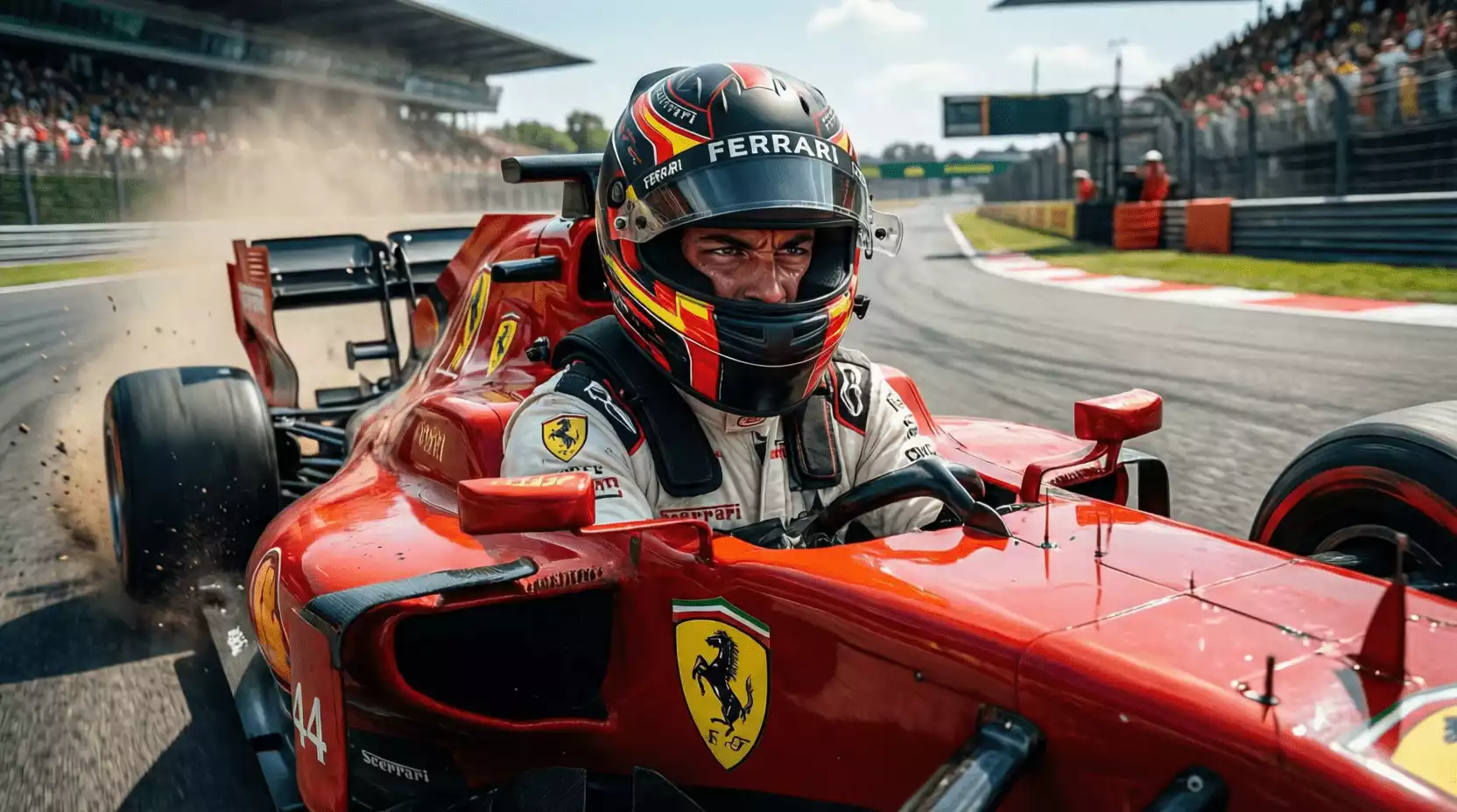 Lewis Hamilton pilotando el Ferrari de Fórmula 1 en pista