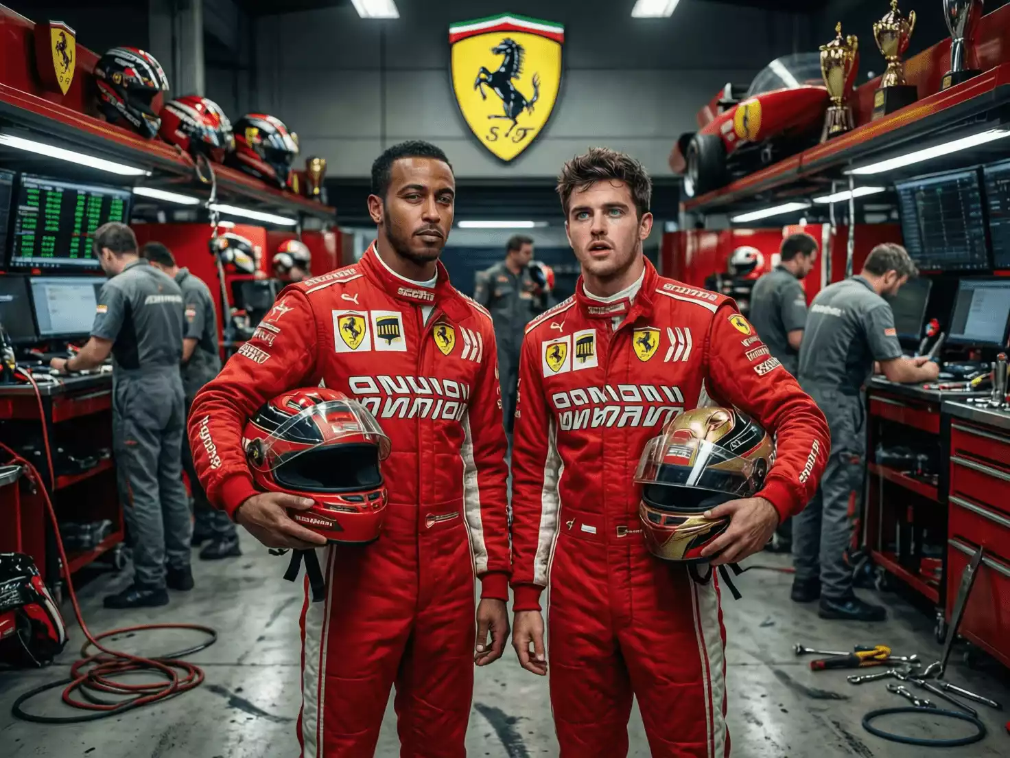 Lewis Hamilton y Charles Leclerc juntos en el garaje de Ferrari