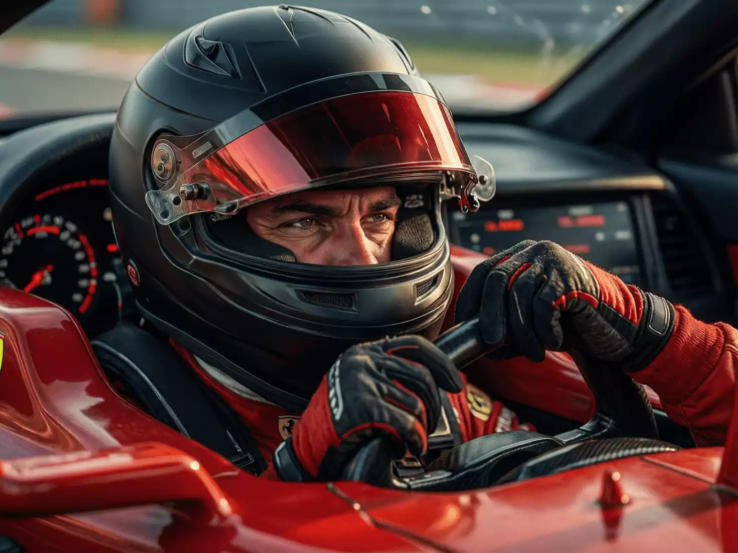 Lewis Hamilton concentrado en el cockpit del Ferrari de F1