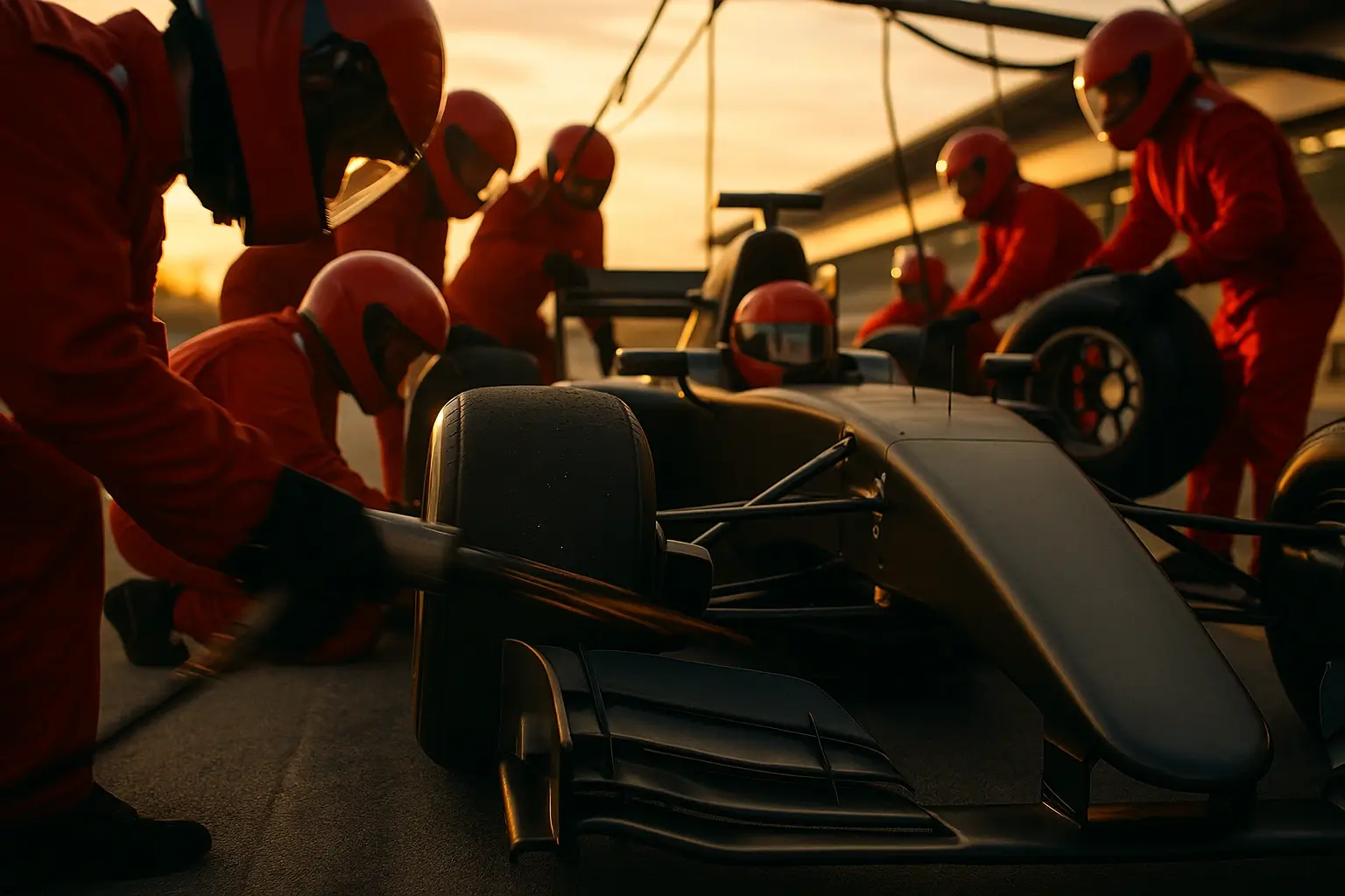 Pit stop de Fórmula 1 mostrando estrategia crucial durante la carrera