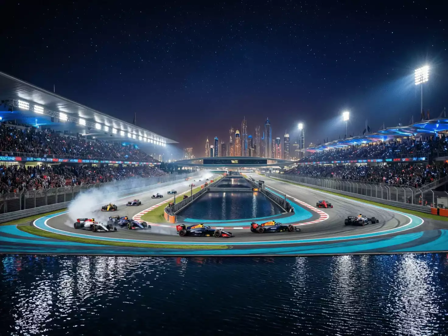 Vista panorámica del circuito de Yas Marina completamente iluminado durante la carrera nocturna