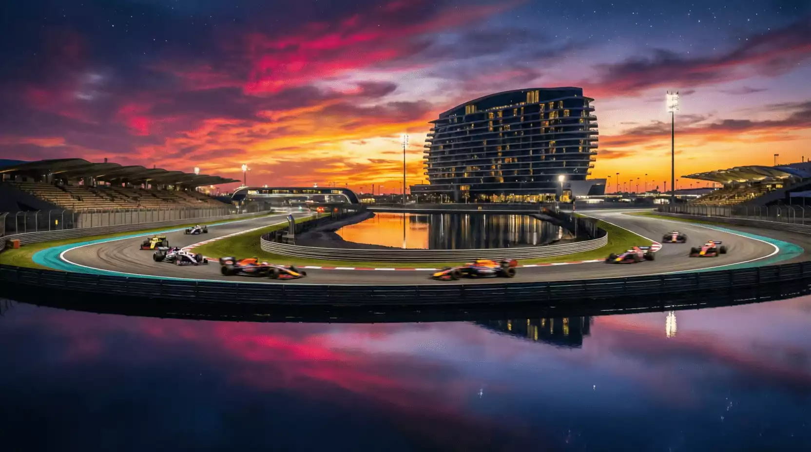 Circuito de Yas Marina iluminado al atardecer con monoplazas de F1 en pista