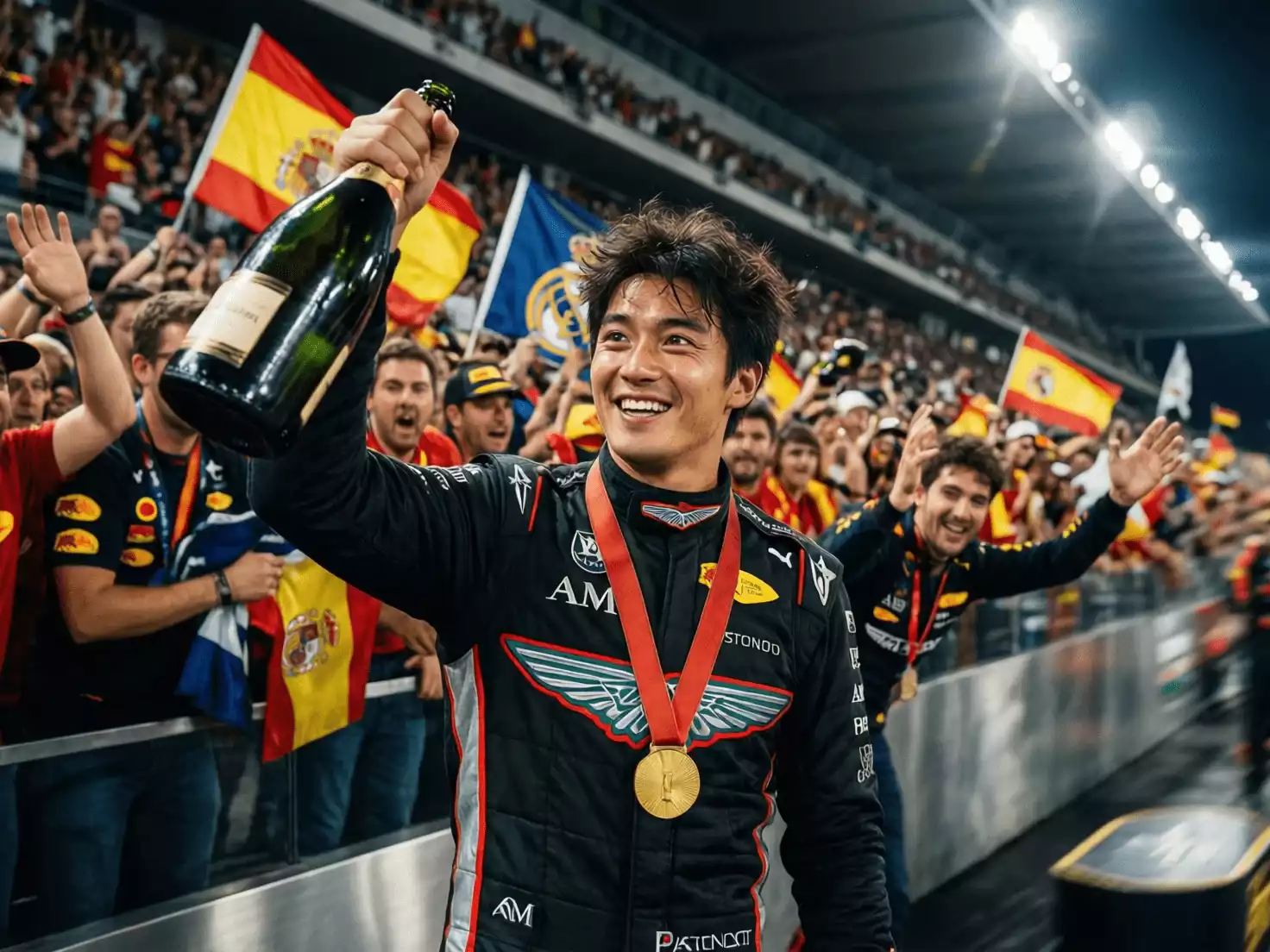 Fernando Alonso celebrando un podio en Fórmula 1 con aficionados españoles de fondo