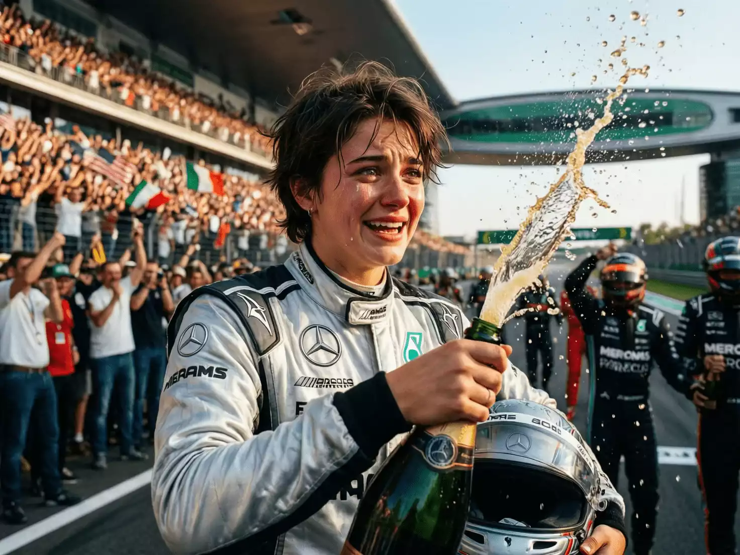 Andrea Kimi Antonelli celebrando un podio con Mercedes