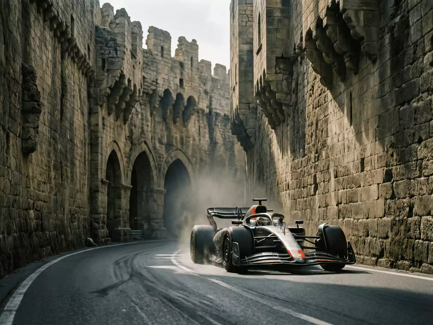 Monoplaza de F1 atravesando la estrecha sección del Castillo en el circuito urbano de Bakú