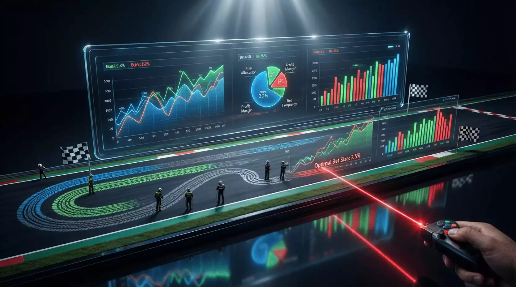 Concepto visual de gestión de bankroll y estrategia de apuestas en Fórmula 1