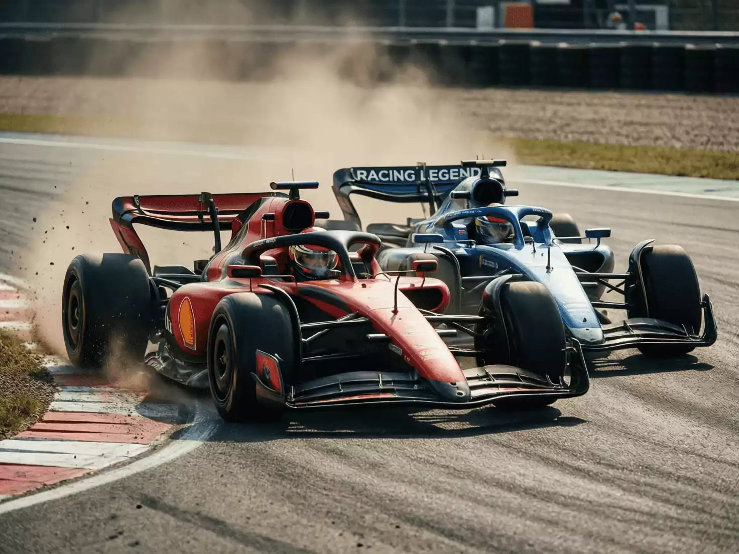 Vista frontal de dos monoplazas de F1 entrando a curva en posición de adelantamiento