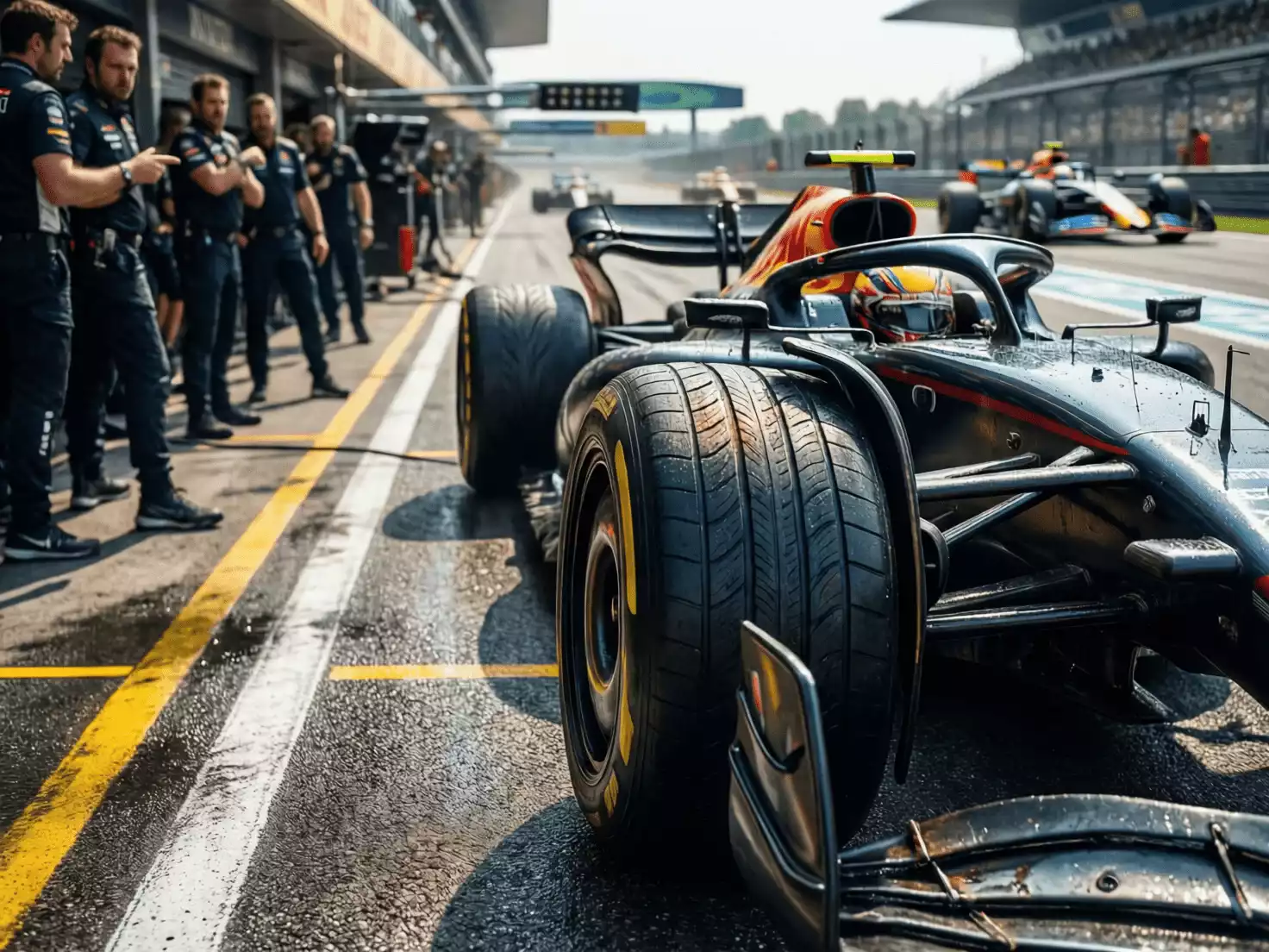 Monoplaza de F1 saliendo de boxes con neumáticos blandos nuevos