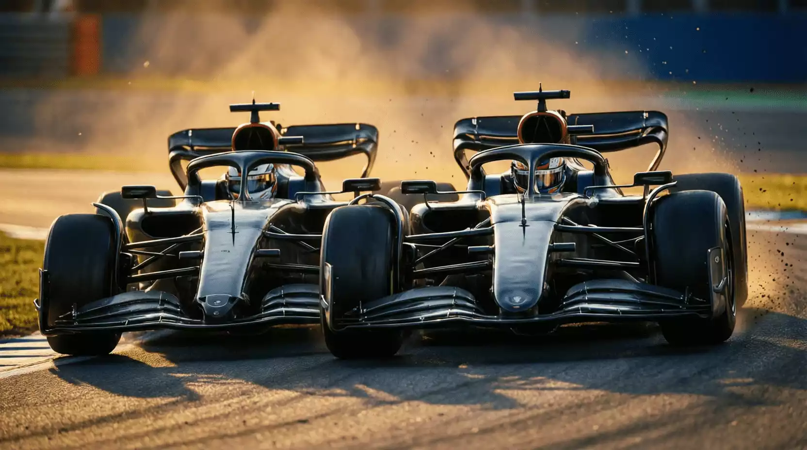 Dos monoplazas de Fórmula 1 compitiendo rueda a rueda en pista