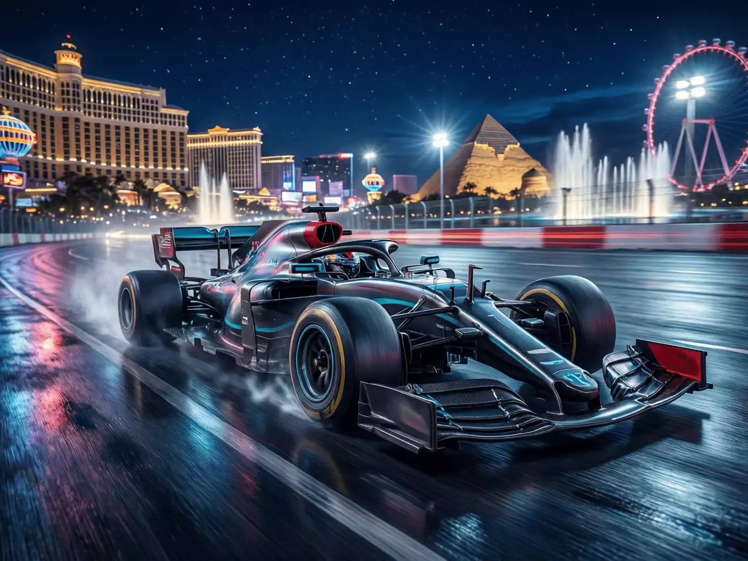 Monoplaza de F1 recorriendo el Strip de Las Vegas de noche con casinos iluminados de fondo