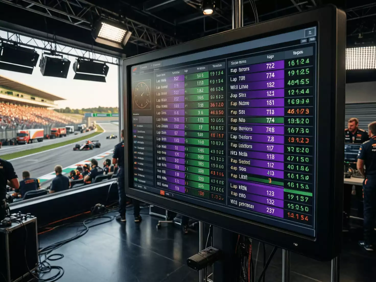 Monitor mostrando tiempos en vivo de carrera F1 con sectores y diferencias