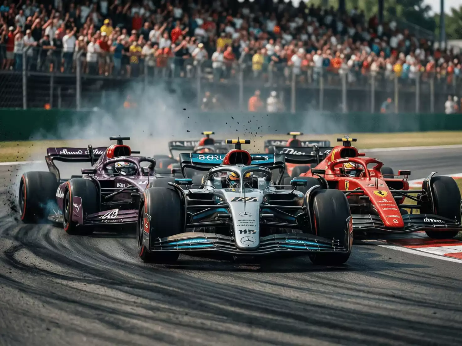 Grupo de monoplazas de F1 luchando por posición en curva cerrada