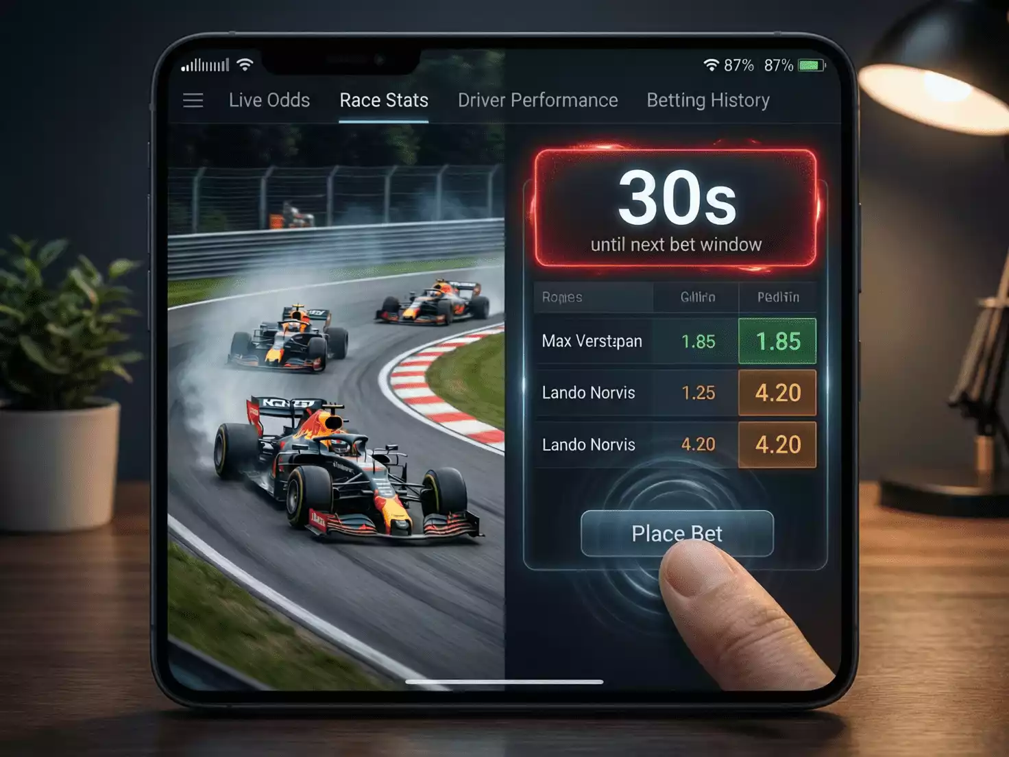 Interfaz de apuestas móviles de F1 durante carrera en vivo