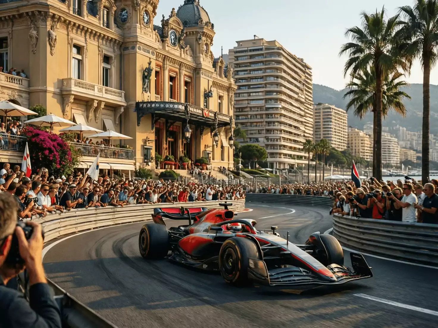 Monoplaza de F1 atravesando la plaza del Casino de Mónaco con el edificio histórico de fondo