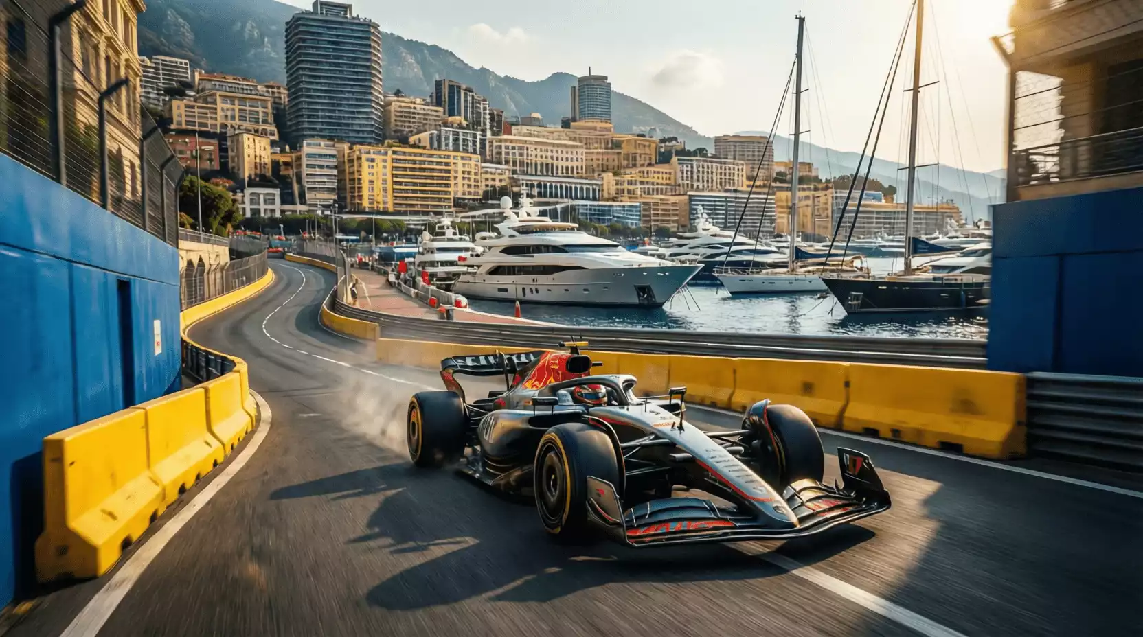 Monoplaza de Fórmula 1 recorriendo el circuito de Mónaco con el puerto y yates de fondo