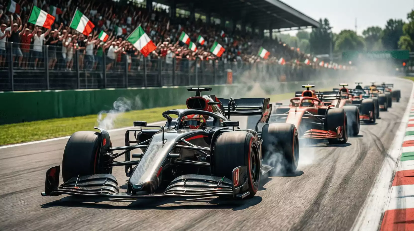 Monoplazas de Fórmula 1 a máxima velocidad en la recta principal de Monza