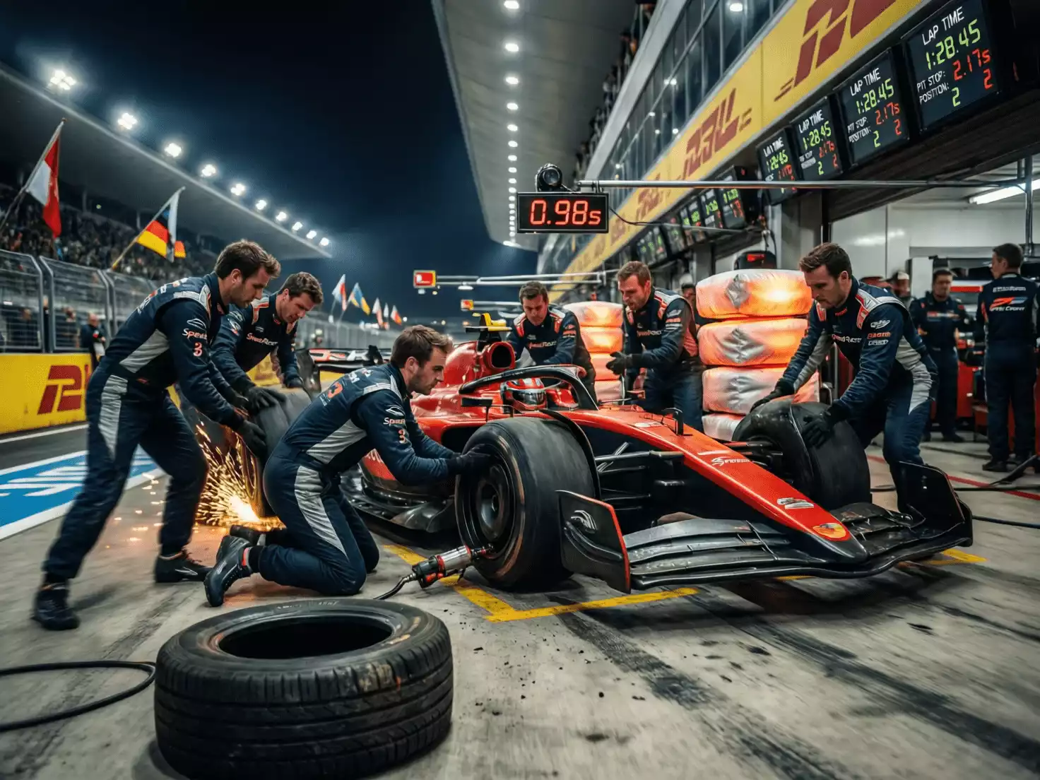 Equipo de mecánicos realizando parada en boxes durante carrera de F1