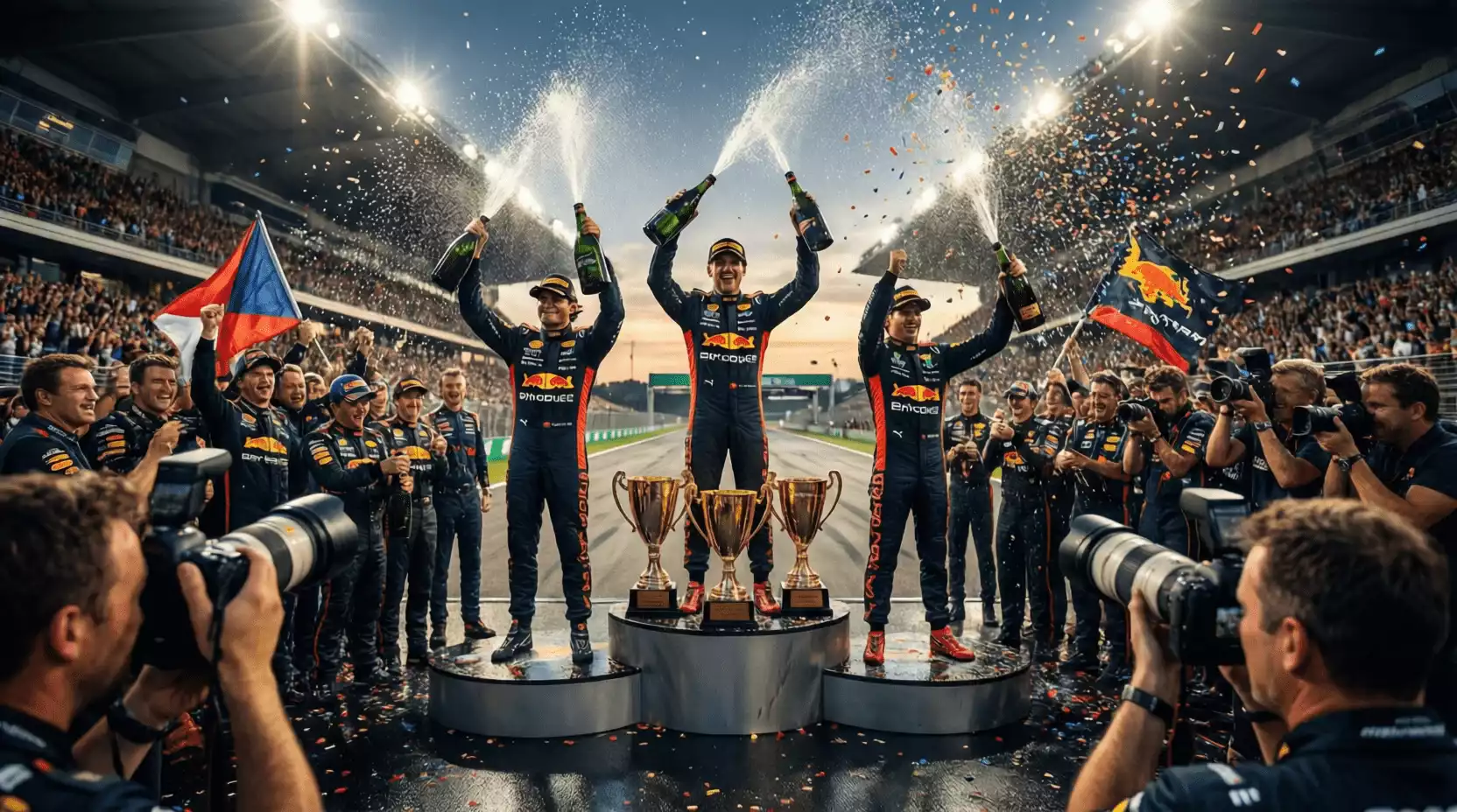 Celebración en el podio de Fórmula 1 con champán y trofeos