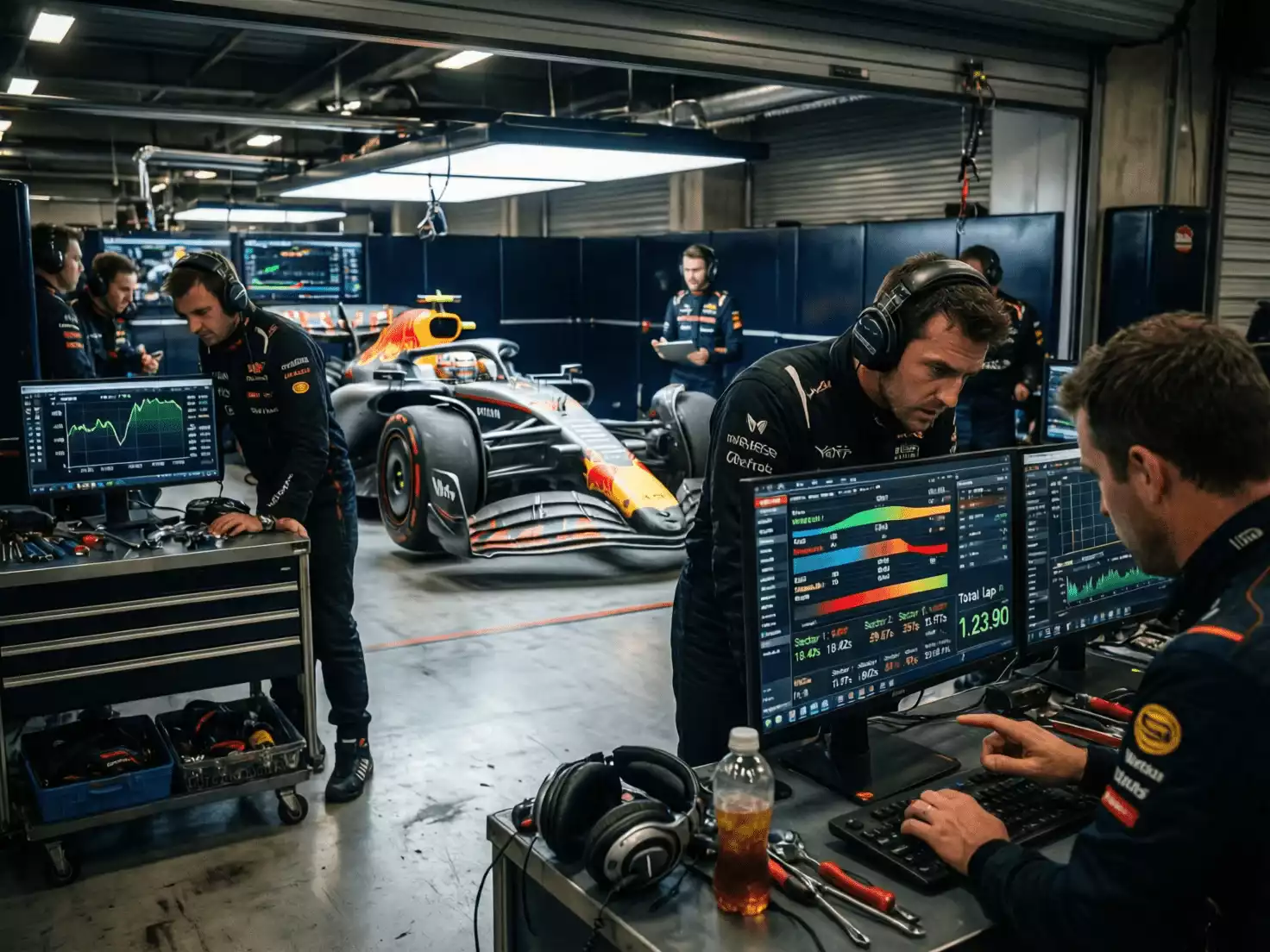 Interior de garaje de F1 durante clasificación con ingenieros monitoreando telemetría