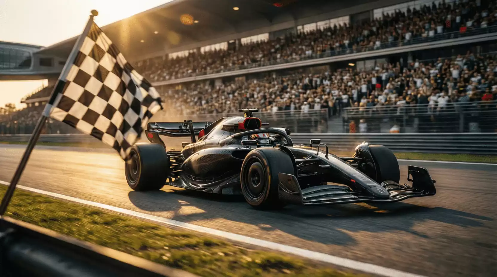 Monoplaza de Fórmula 1 cruzando la línea de meta con bandera a cuadros