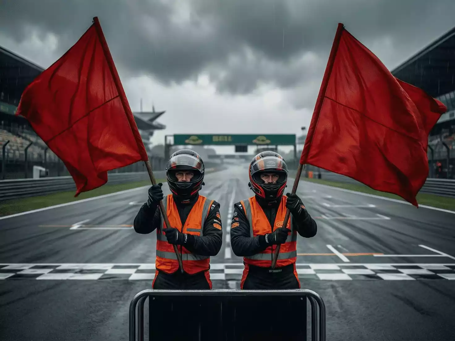 Banderas rojas ondeando en puesto de comisarios con pista vacía al fondo