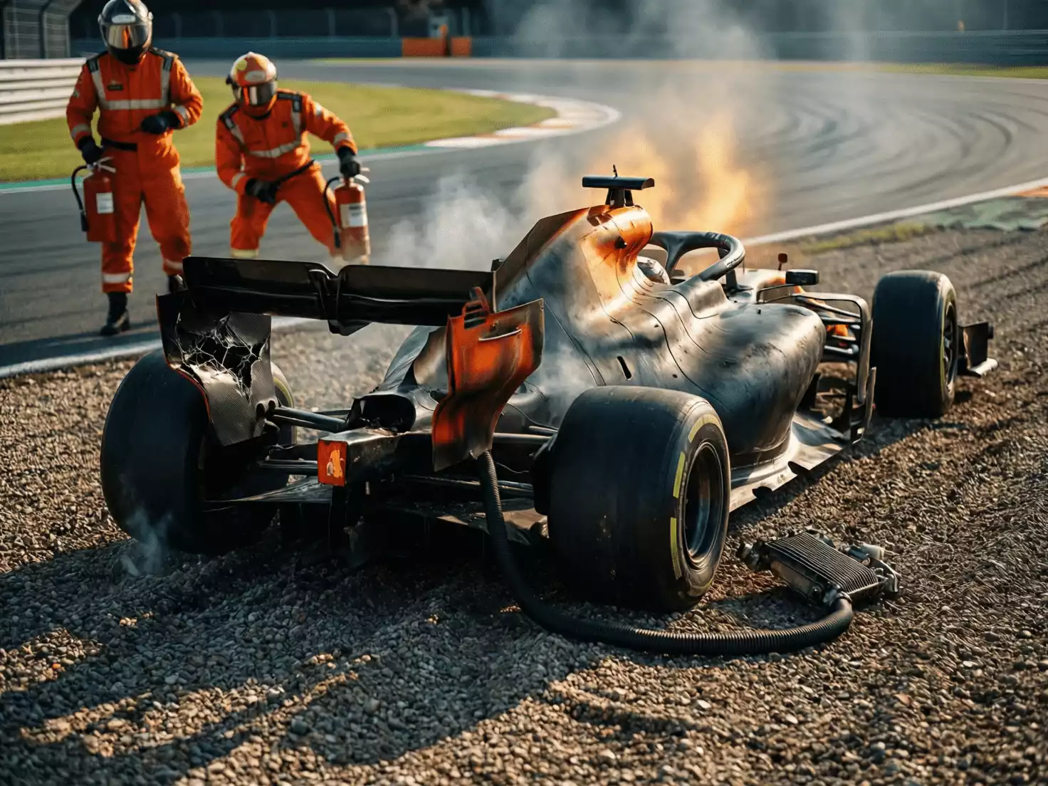 Monoplaza de F1 detenido en zona de escapatoria con humo saliendo del motor
