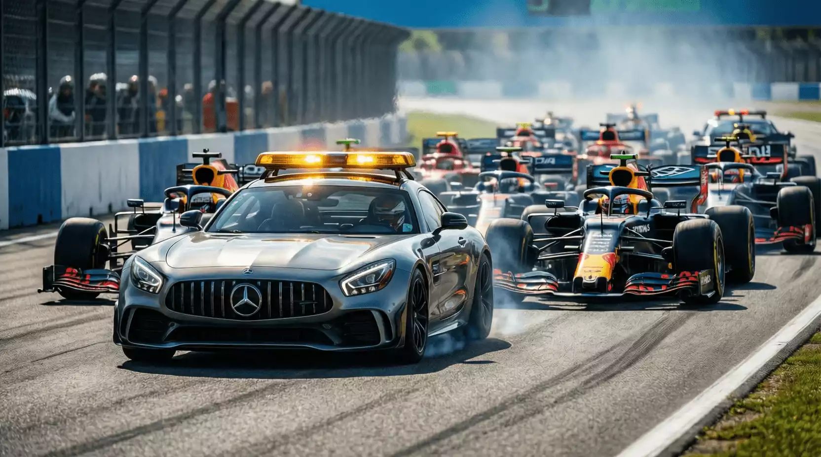 Safety car de Fórmula 1 liderando el pelotón en pista durante neutralización