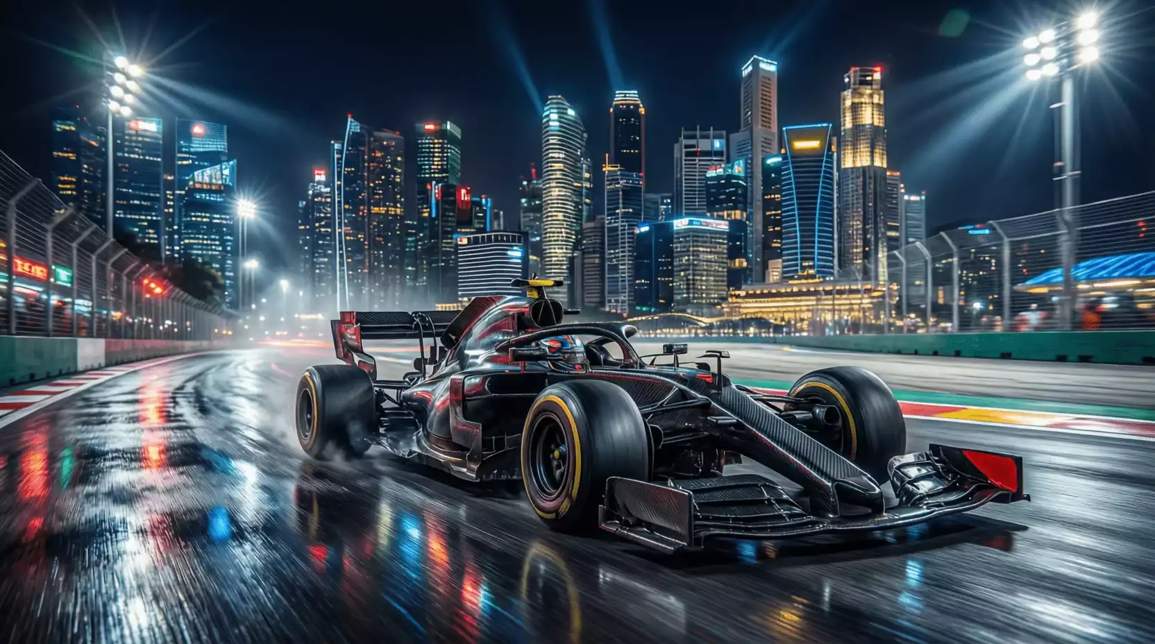 Monoplaza de Fórmula 1 iluminado bajo los focos del circuito nocturno de Singapur