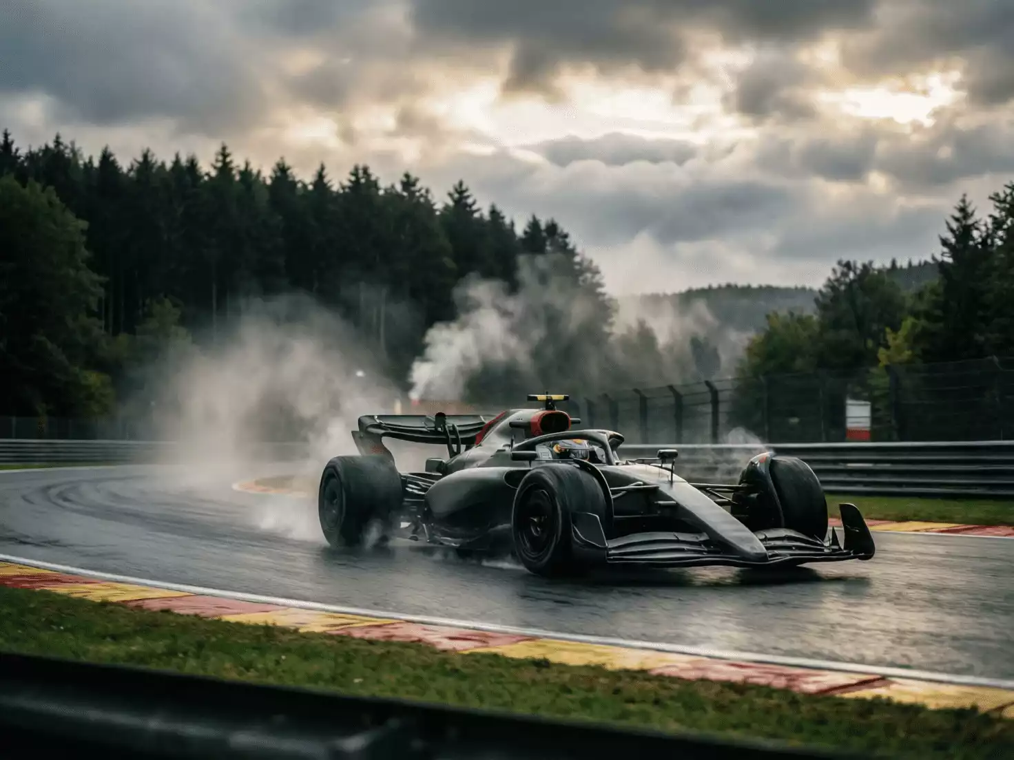 Monoplaza de F1 atacando la legendaria curva Eau Rouge en Spa-Francorchamps