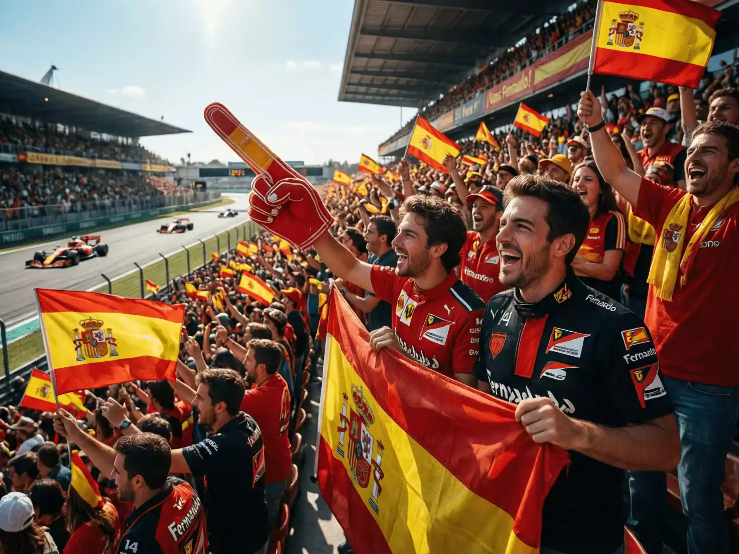 Gradas llenas de aficionados españoles con banderas de España animando durante carrera de F1