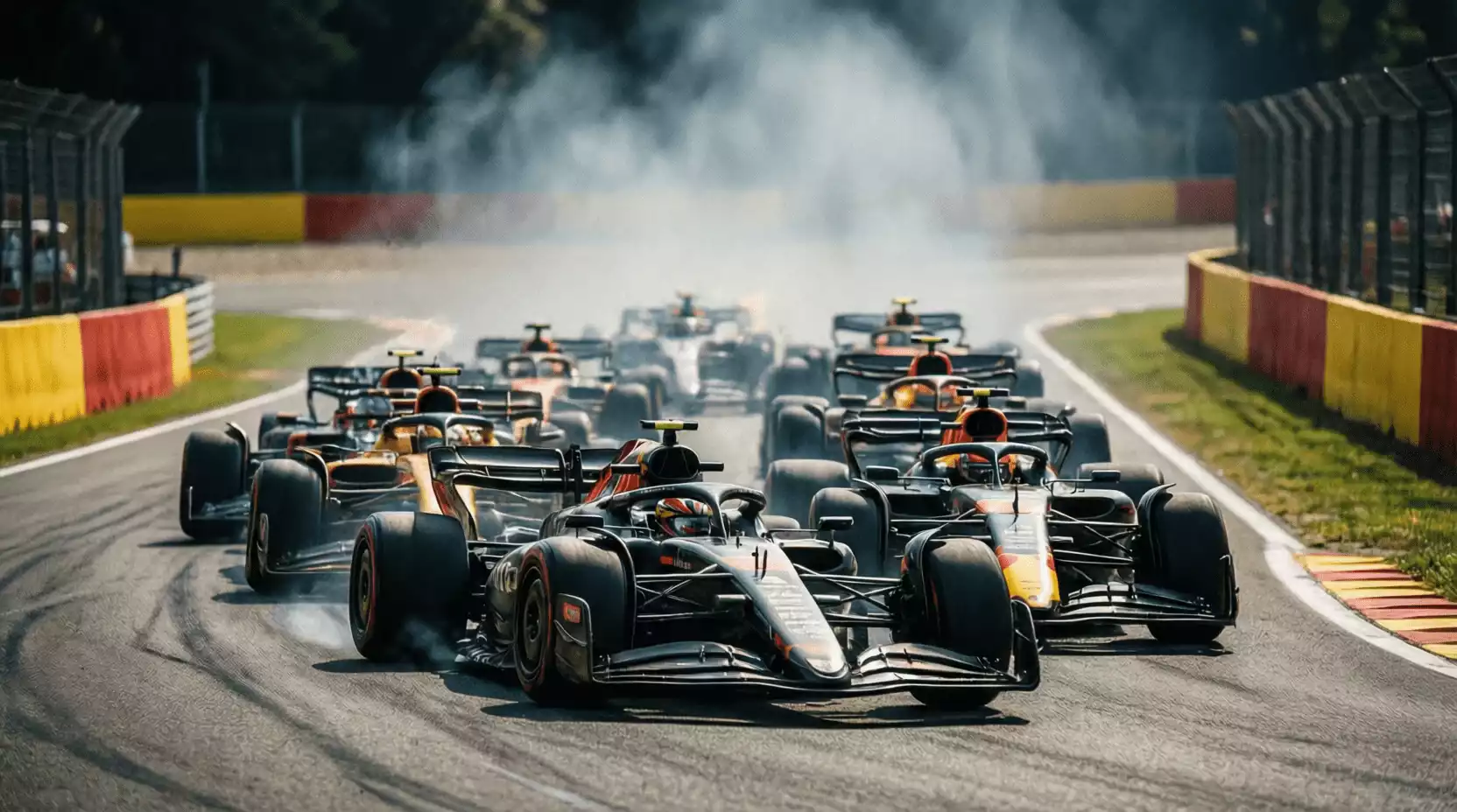 Salida de carrera sprint de Fórmula 1 con monoplazas acelerando hacia la primera curva