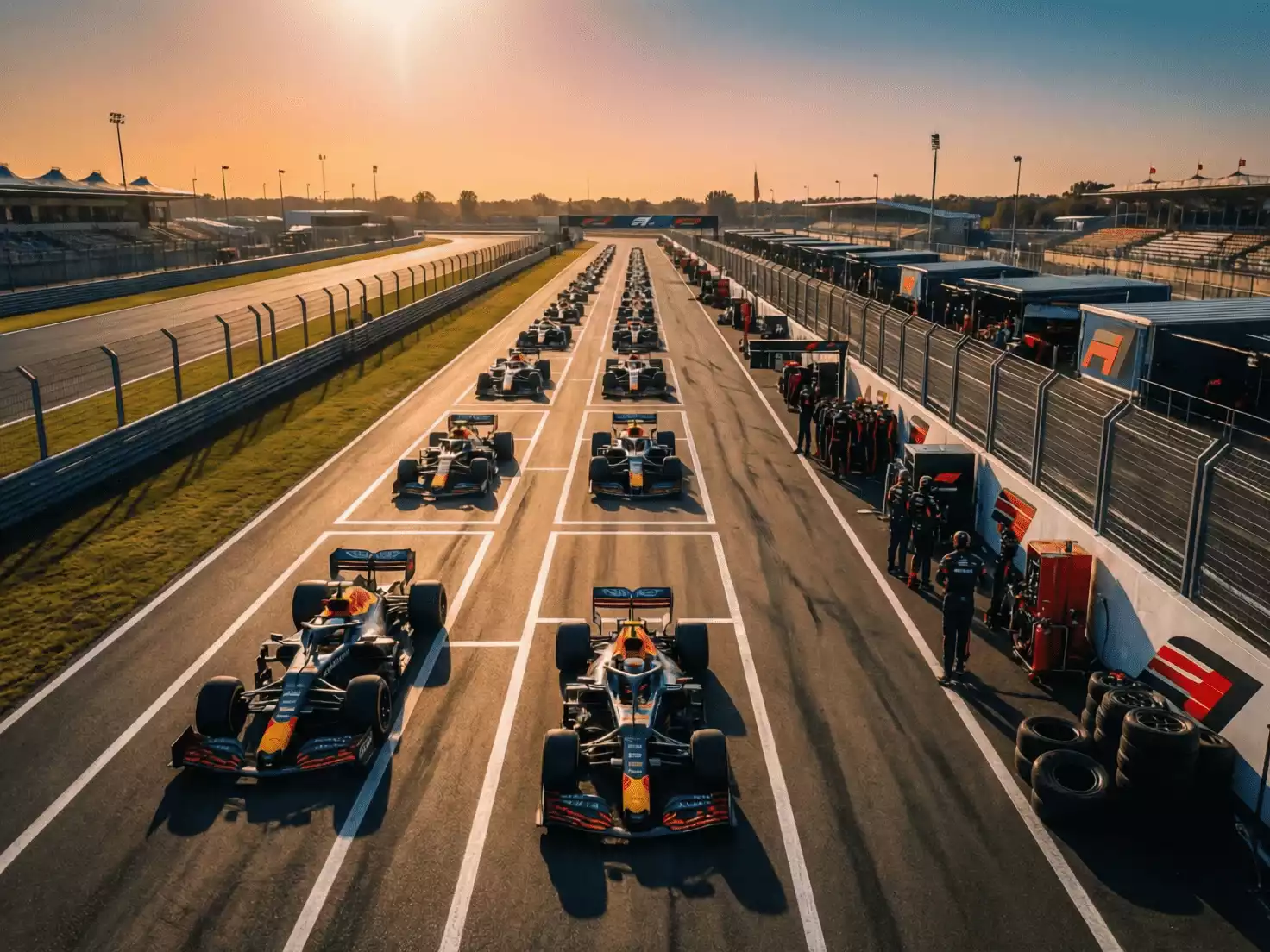 Vista aérea de parrilla de salida de Fórmula 1 con monoplazas en formación