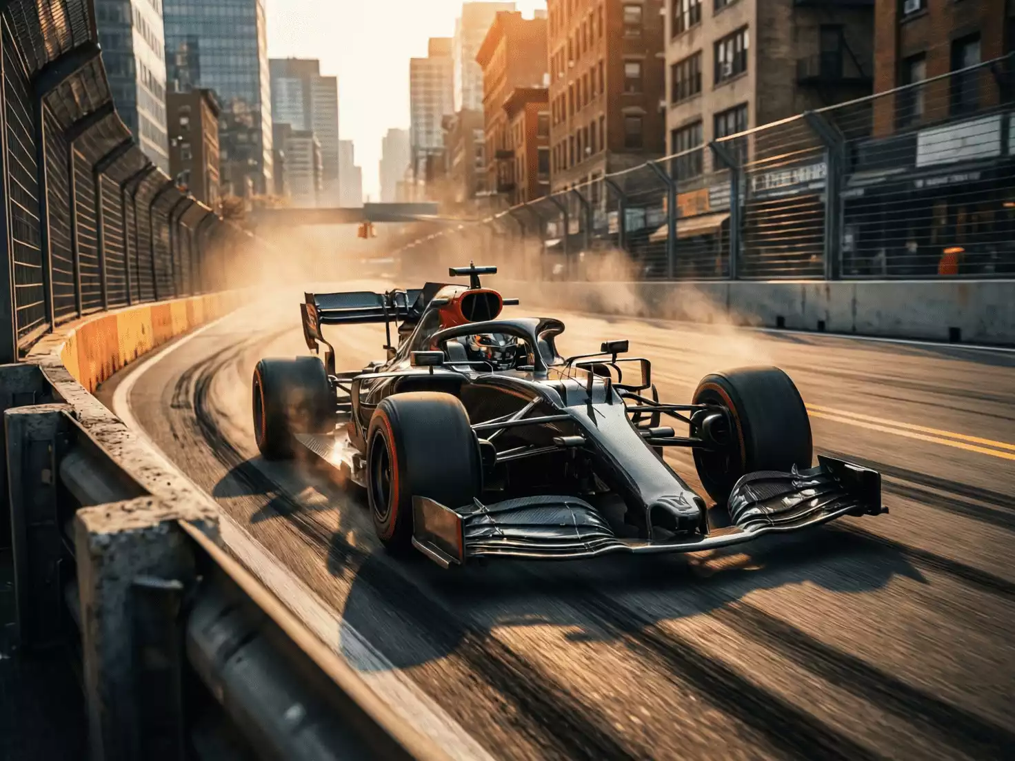 Monoplaza de F1 compitiendo en circuito urbano con muros de protección