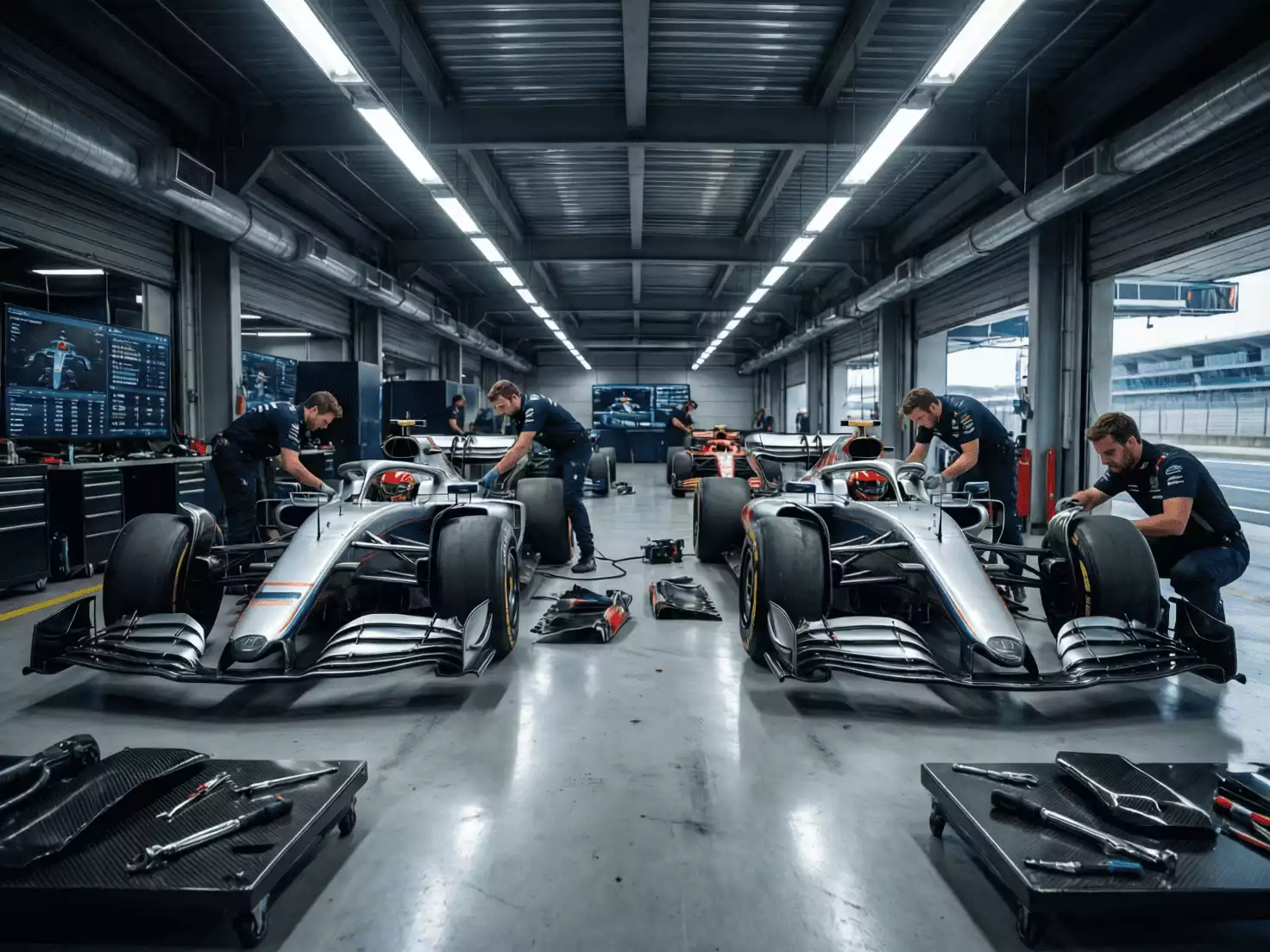 Dos monoplazas del mismo equipo de F1 en boxes preparándose para salir a pista