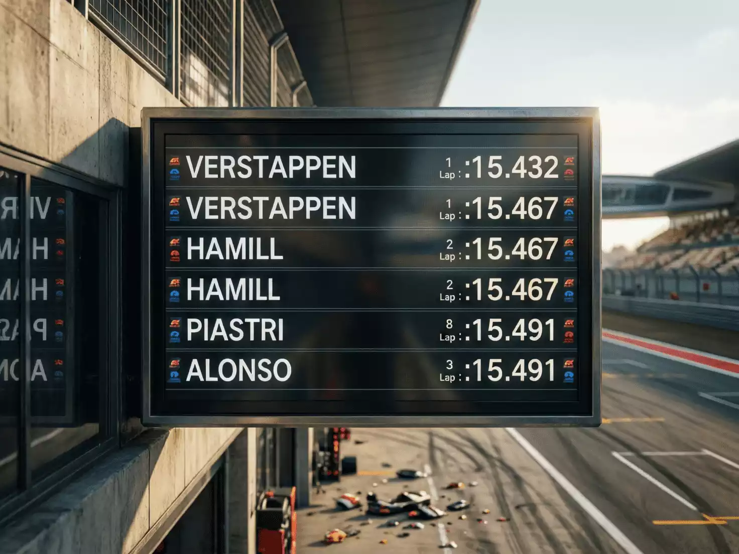 Pantalla de tiempos de clasificación F1 mostrando diferencias en centésimas entre pilotos