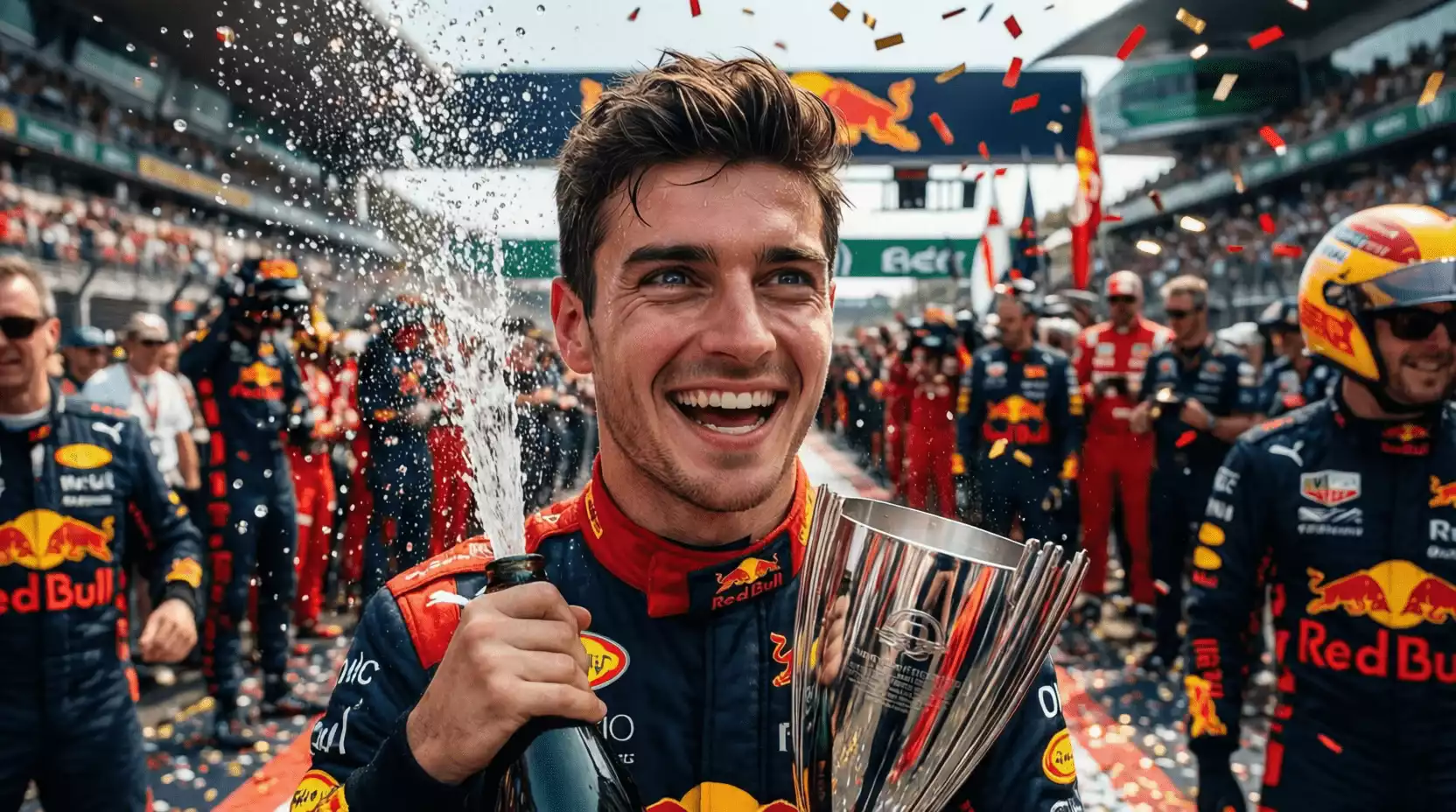 Max Verstappen celebrando victoria en el podio de Fórmula 1
