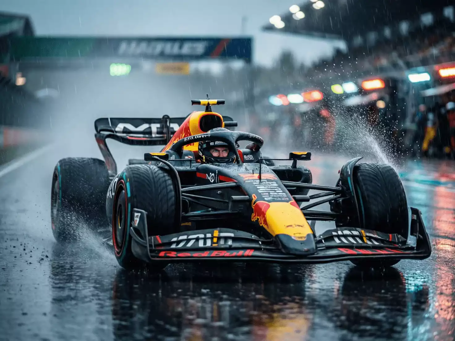 Max Verstappen pilotando su monoplaza de F1 bajo lluvia intensa