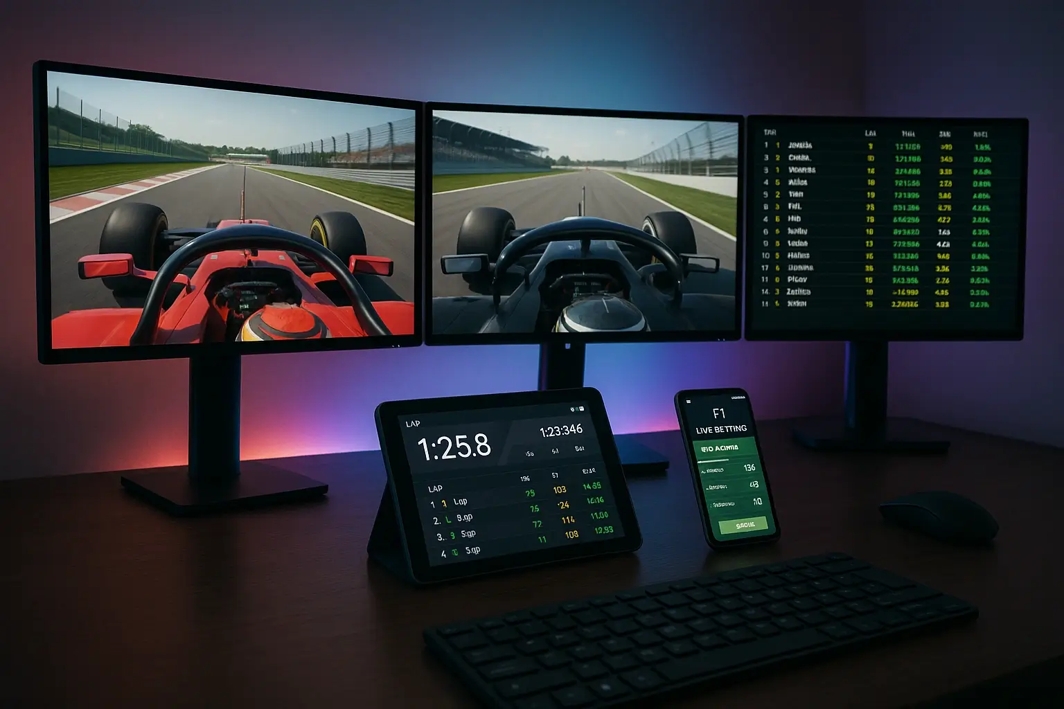 Configuración profesional con múltiples pantallas mostrando F1 TV Pro y herramientas de apuestas