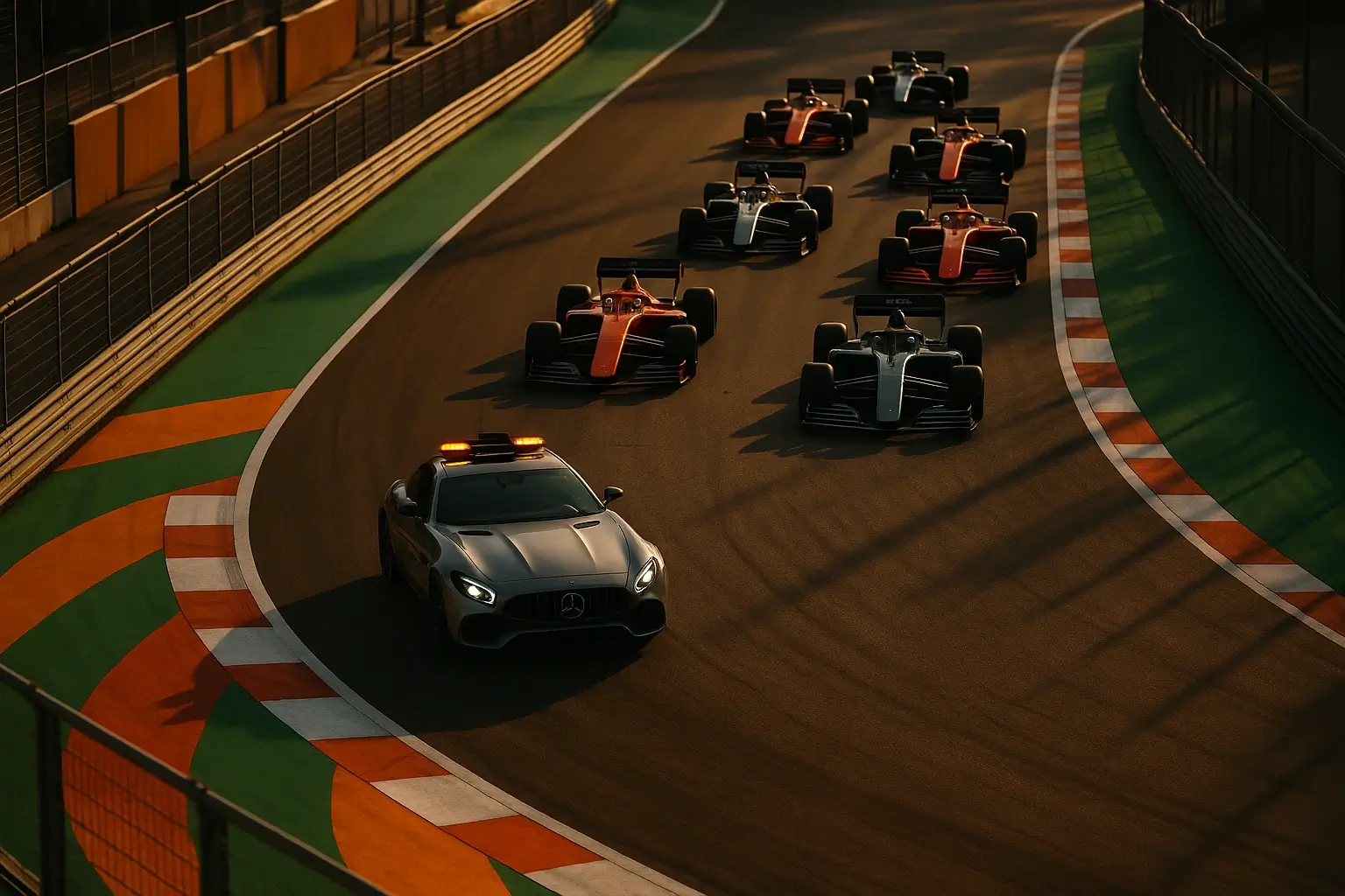 Safety Car de Fórmula 1 liderando el pelotón en momento crítico de la carrera