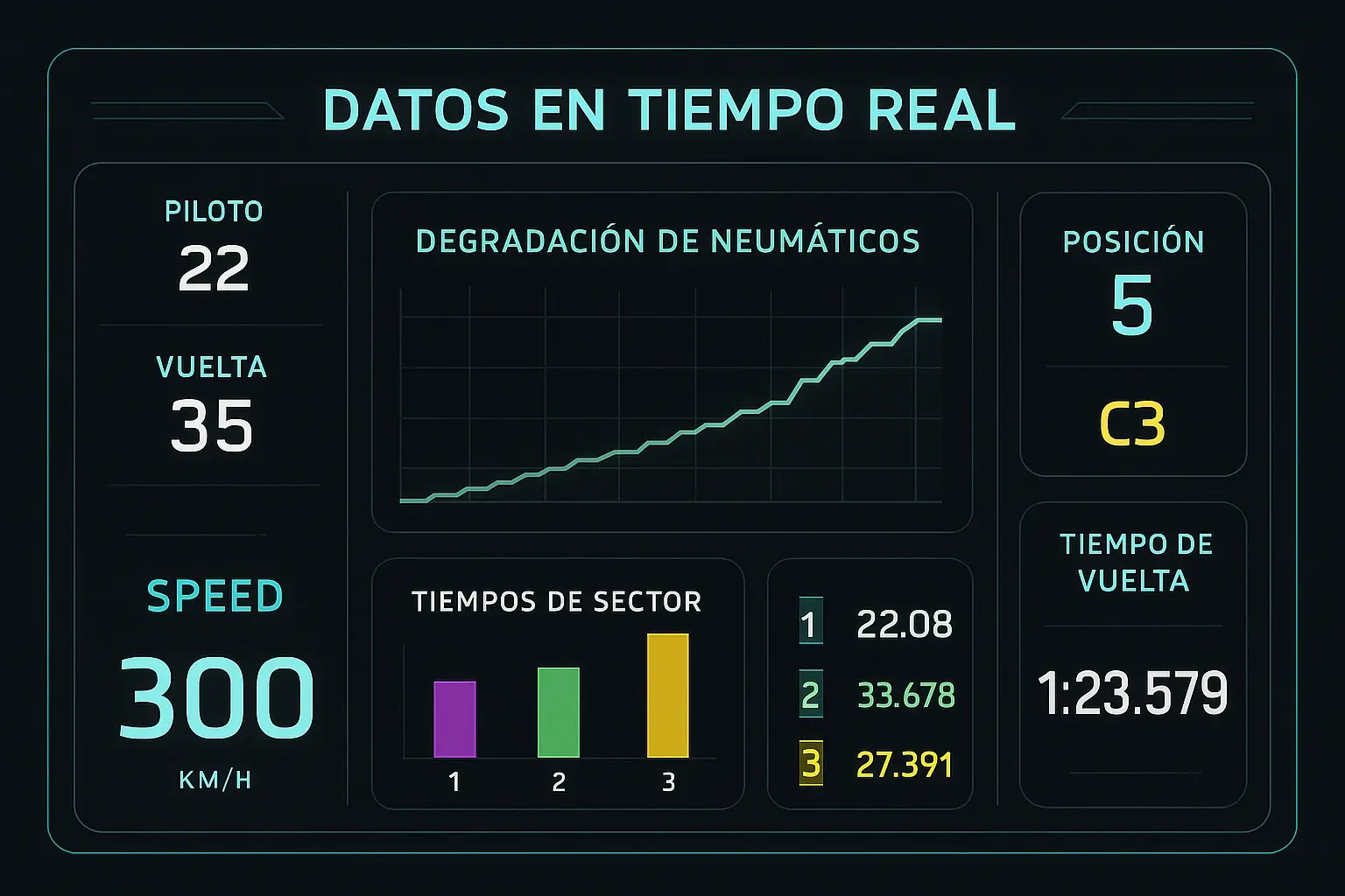 Panel de telemetría de Fórmula 1 mostrando datos en tiempo real y degradación de neumáticos